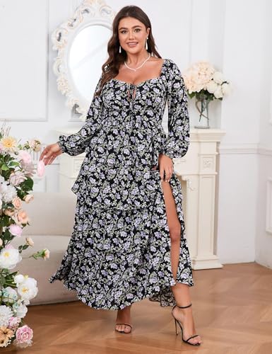 Image of EYWOL Womens Plus Size Floral Tiered Ruffle Long Sleeve Evening Party Wedding Guest Dress