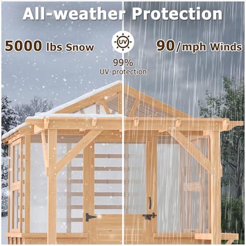Image of EROMMY 7x11 FT Spruce Wood Greenhouse with Pergola, Walk-in Outdoor Greenhouse Kit with Polycarbonate Panels, Top-Hung Windows, Built-in Workstation & Staging Shelves for Backyard Garden