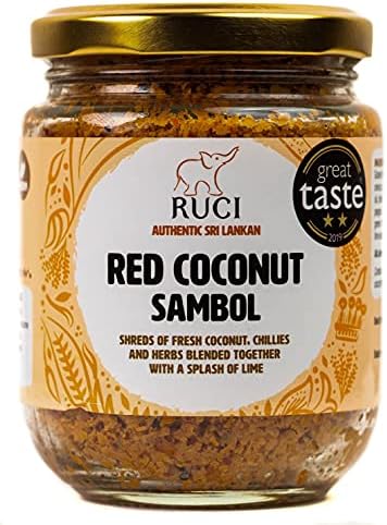 RUCI Authentic Sri Lankan Red Coconut Pol Sambol, A Great Taste Award Winner, Shreds of Coconut with Onions, Dried Red Cillies and Lime