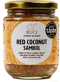 RUCI Authentic Sri Lankan Red Coconut Pol Sambol, A Great Taste Award Winner, Shreds of Coconut with Onions, Dried Red Cillies and Lime