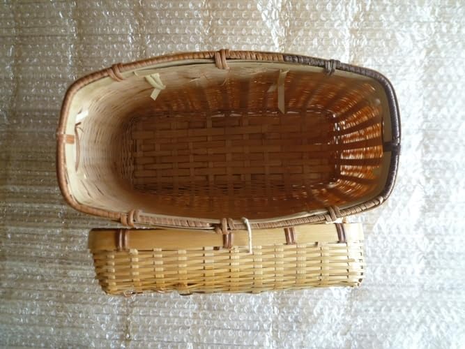 昭和レトロ 竹（外皮使用）編み籠 古い竹編みの市場籠 幅約40cm ワンハンドルの竹籠 綺麗にヤケた褐色の