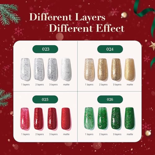 Image of AZUREBEAUTY Nail Polish Set, 4 Colors Christmas Glitter Red Green Gold Silver Quick Dry Natural Fingernail Lacquer Strengthening Treatment Kit with Top Coat DIY Salon at Home
