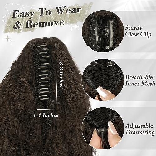 BARSDAR Ponytail Extension for Women Claw Clip on Ponytail Extensions Long Curly Corn Wavy Dark Brown Clip in Ponytail Synthetic Natural Soft Hairpiece for Girls Daily Halloween(18Inch - Image 3