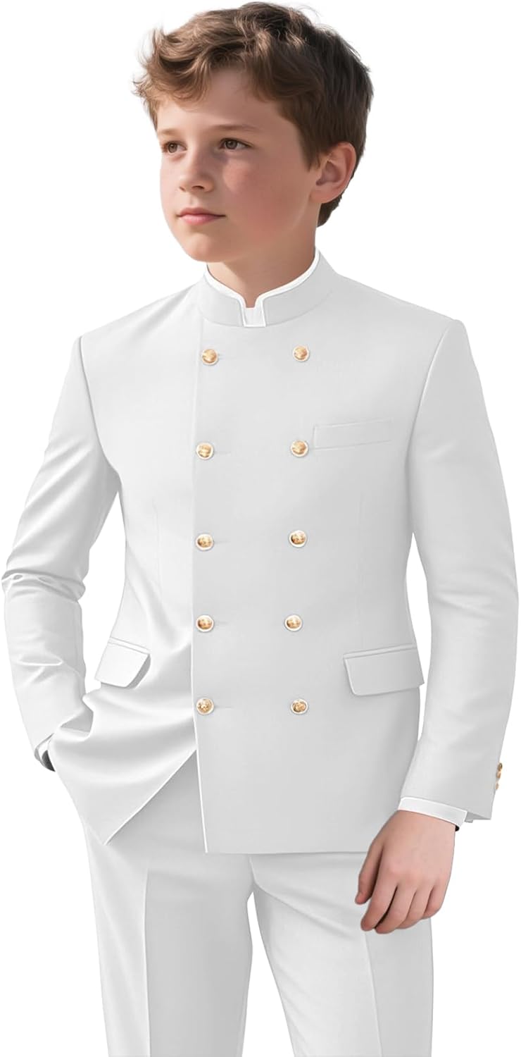 Boys 2 Piece Chinese Tunic Suits Slim Fit Traditional Mandarin Collar Kids Tuxedo for Prom Wedding Outfit
