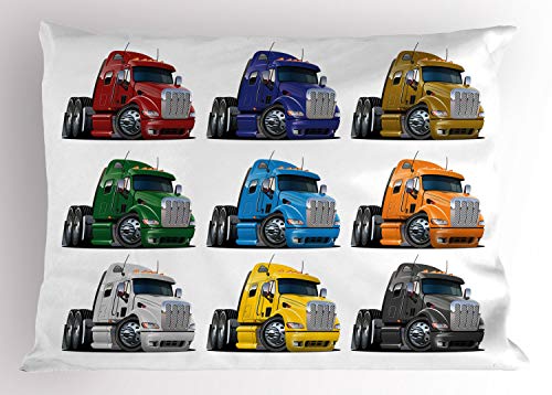 Ambesonne Truck Pillow Sham, Colorful Semi Trucks Transportation of Goods Theme Shipping Driving Cartoon Design, Decorative Standard Size Printed Pillowcase, 26
