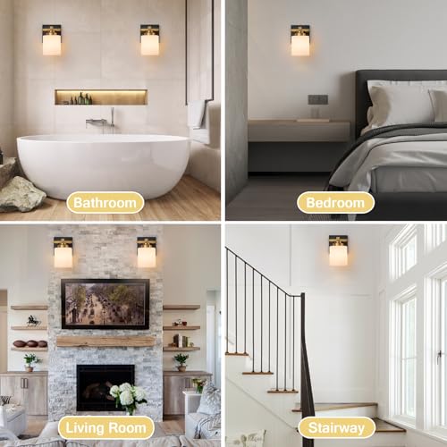 Image of Modern Bathroom Light Fixtures Over Mirror, Vanity Lights for Bathroom Wall Sconces with Milky White Glass Shades, E26 Socket (Bulbs Not Included), 1 Light, Black Gold