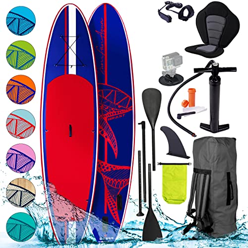 BRAST SUP Board Shark | Aufblasbares Stand up Paddle Set | 300-365cm viele Modelle | inkl. Zubehör Fußschlaufe Paddel Pumpe Rucksack | Blau Grün Gelb Rot Türkis Orange Pink | Blau Rot 320