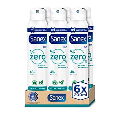 Sanex Zero% Extra Control dezodorant w sprayu, opakowanie 6 sztuk x 200 ml, ochrona 48H, 0% alkohol i 0% sole aluminiowe, składniki przeciwbakteryjne, hamuje powstawanie zapachu ciała