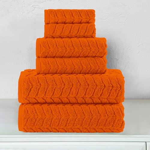 Image of Elegant Comfort Luxury 6-Piece 100% Turkish Cotton Jacquard Braided Textured Premium Hotel Quality Towel Set- Soft and Absorbent, Includes 2 Bath Towels, 2 Hand Towels and 2 Washcloths, Vibrant Orange