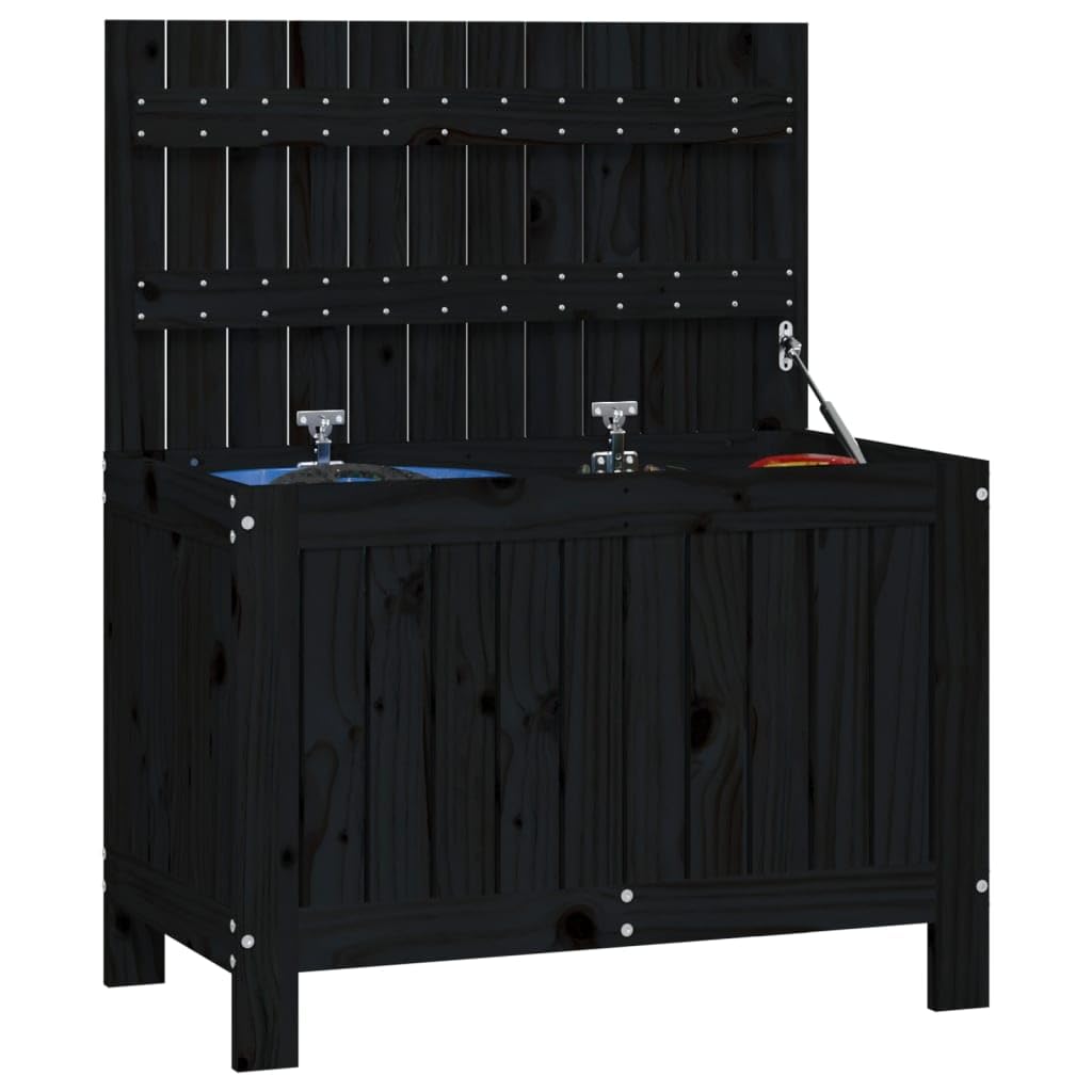 Baule da giardino nero, 76 x 42,5 x 54 cm, in legno massello di | coperchio con molla a gas, ventilazione tramite lamelle, istruzioni di montaggio incluse (lingua italiana non garantita)