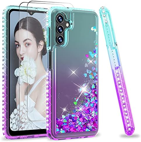 LeYi for Samsung Galaxy A04s/A13 5G Case and 2 Tempered Glass Screen Protector(Not 4G), Girl Glitter Sparkly Quicksand Cute Clear Tough Shockproof Hard Phone Cover for Samsung A04s/A13 5G Teal Purple