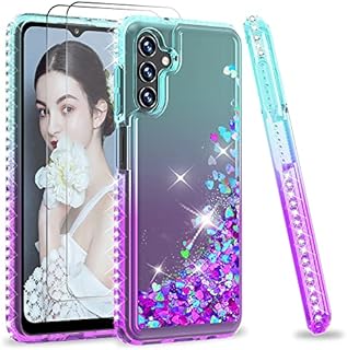 LeYi for Samsung Galaxy A04s/A13 5G Case and 2 Tempered Glass Screen Protector(Not 4G), Girl Glitter Sparkly Quicksand Cute Clear Tough Shockproof Hard Phone Cover for Samsung A04s/A13 5G Teal Purple