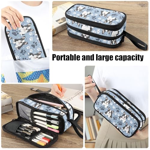 Image of Fustylead Cute Cartoon French Bulldog and Paw Print Large Pencil Bag Storage Pen Case Makeup Pouch Stationery Bag for School College Office Organizer