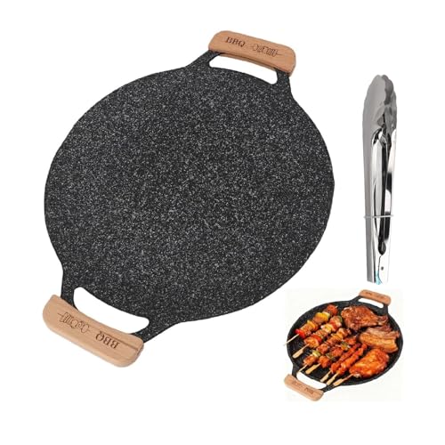Tissting Koreanische BBQ Grillpfanne 33cm Runde Antihaft Grillplatte, Outdoor Camping Tragbare BBQ Grill Pfanne mit Holz Griff, Eisen Korea Teppanyaki Bratpfanne für Gaskocher(33cm)