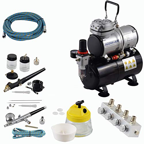 Agora-Tec® Airbrush Komplett-Set PROFI XIV.1, inkl. Kompressor mit 4 bar, 20l/min mit 3 Liter Tank + 2 Airbrushpistolen mit 0,2 & 0,3 & 0,5 & 0,8mm Nadeln/Düsen + regelbaren 4-fach Luftdruckverteiler + Clean Pot + 2 Schläuche + Adapter