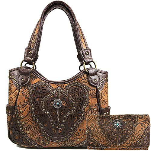 Zelris Women Western Floral Damask Pattern Medallion Concealed Carry Handbag Purse with Matching Crossbody Wallet