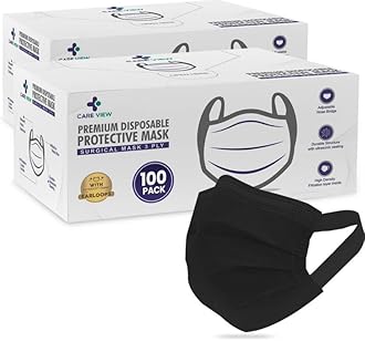 Careview N95 3 Ply Disposable Surgical Face Mask Box with FABRIC Earloop and built in Nose Pin, Certified by BFE>99% and PFE > 95%, SITRA, DRDO, ISO and CE (Pack of 200, BLACK)