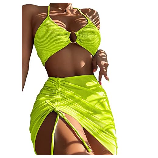 MakeMeChic Women's 3 Piece Bathing Suits Halter Ring Bikini Set with Cover Up Skirt Lime Green XS