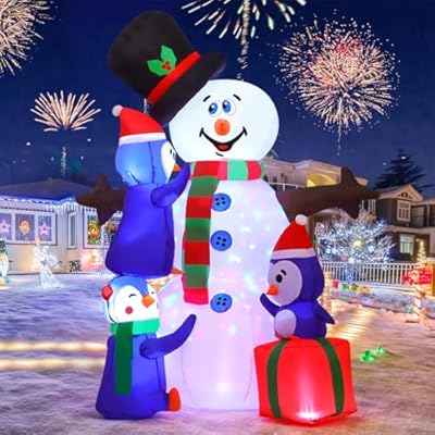 GOOSH 6 FT Inflatable Christmas Decorations, Inflatable Snowman with Penguins, Christmas Blow Ups Yard Decorations with Colorful LED Lights, Christmas Inflatables for Garden Lawn Xmas Holiday