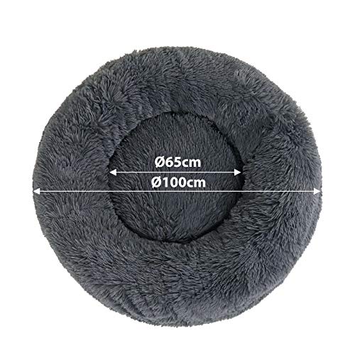 lionto Donutbett für Hunde und Katzen, Flauschiges Hundebett rund für kleine und große Heimtiere, Ø 100 cm, weiches Katzenbett aus kuscheligem Plüsch, Hundekissen mit extra Dicker Füllung, dunkelgrau