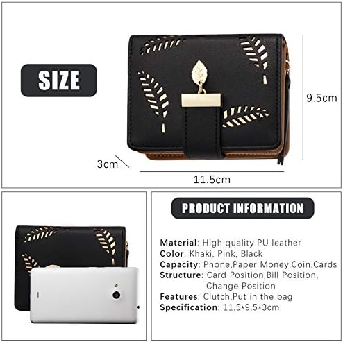 Aoliandatong Ladies Purse Wallet, Small Womens Bifold Leather Purses with Cash ID Credit Card Holder, Hollow Leaf Ladies Vegan Coin Purses Money Bags with Zip(Black)