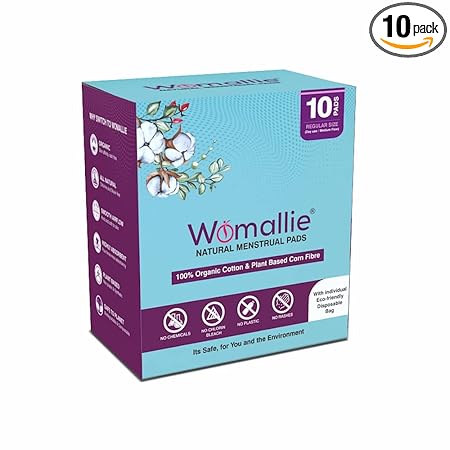 Womallie Natural Sanitary Pads, made with 100% Organic Cotton & Plant based Corn Fiber, Rashes Free, Plastic & Chlorine free, Eco friendly, 10 Pads pack (Regular size (10 Regular)