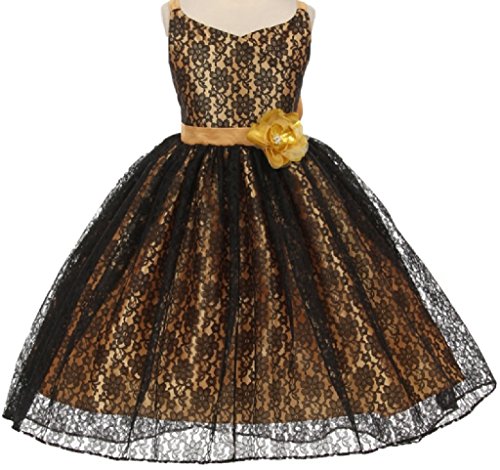 Big Girls' Floral Lace Hi Low Bolero Party Birthday Holiday Flower Girl Dress Black Gold 8 (C3B36) #TOP4