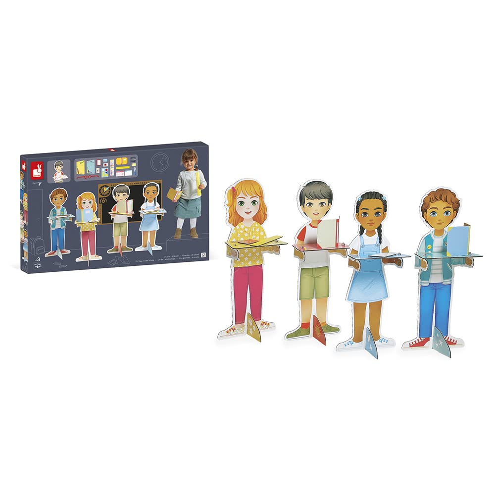 Janod - One Day. . . at School - Pretend Play Occupational Toy - 250 Accessories Included - Large Characters: 65 cm Tall - Imagination - 3 Years + J06623