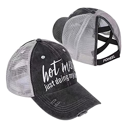 Distressed Criss Cross Ponytail Hat for Womens High Mesh Baseball Cap Messy Bun Hats Distressed Messy Bun Trucker Hat Pony Hat Hot Mess Just Doing My Best Hot Mess Just Doing My Best Hat