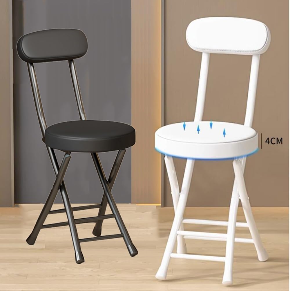 Taburete Plegable de 45cm con Respaldo y Reposapiés,Taburete de Desayuno con Asiento Acolchado Redondo Portátil para Cocina, Comedor, Oficina,Taburete de Bar Plegable (Color : Blanco)