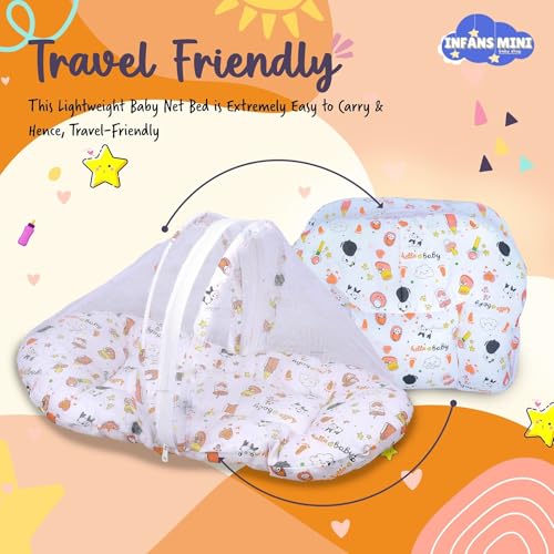 Image of Baby Bed with Mosquito and Insect Protection Net, Portable Mattress with Zip Closure & Pillow Ideal for Babies from 0-6 Months-Unisex (Panda Orange)