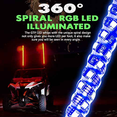 GTP 2pcs 4ft Spiral LED Whip Lights 360° Twisted 20 Color RGB - 21 Modes Lighted Whips Antenna W/Flag for UTV ATV Polaris RZR Quad Off-Road Can-am Maverick Yamaha Sand Dune Buggy 4X4