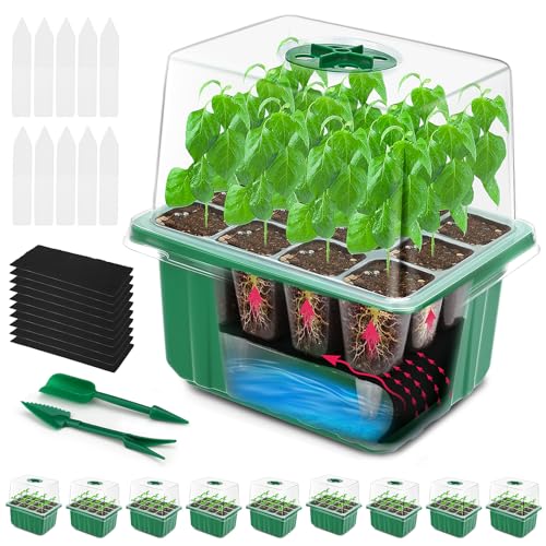 10 Packs Self-Watering Seed Starter Tray, 120 Cells Seedling Starter Trays Kits with Adjustable Humidity Domes, Seed Starter Kit with 4.25inch Heightened Lids for Greenhouse & Gardens, Green