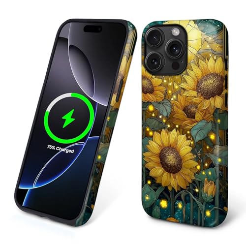 TAMEFOX Case for iPhone 15 Pro Max,[Compatible with MagSafe],Anti Drop Scratch Protective Magnetic Cover for Women Girl-Stained Glass Stars Sunflower