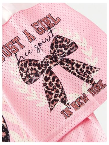 Girl's Leopard Bow Graphic Mesh Jersey Y2K Color Block Short Sleeve V Neck Tee Shirts4