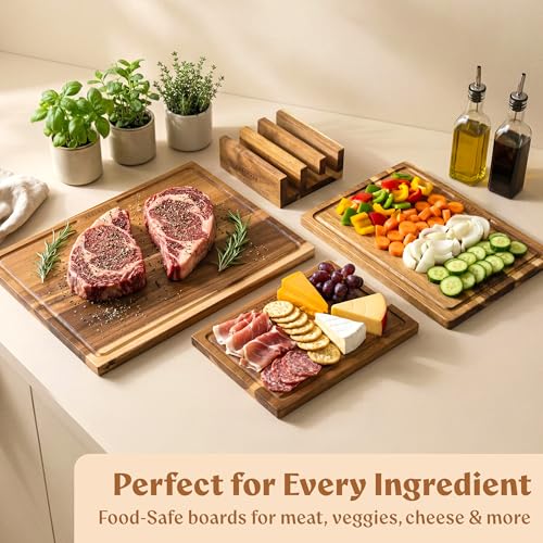 Acacia Wood Cutting Boards for Kitchen Set of 3, Anti-slip - Image 4