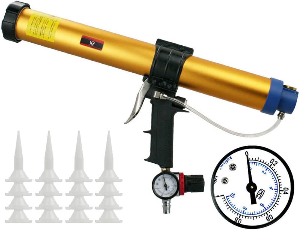 Universal Adjustable Pneumatic Glass Glue Gun- 310/400/600ML Soft Glue Pressure Regulating Valve Gauge 20Pcs Nozzle 6.8Bar