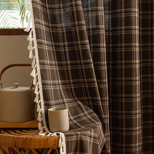 WKBEC Plaid Curtains 63 Inch Length 2 Panels, Farmhouse Window Curtains Light Filtering with Tassel Trim, Rustic Tartan Drapes for Living Room Bedroom, Brown