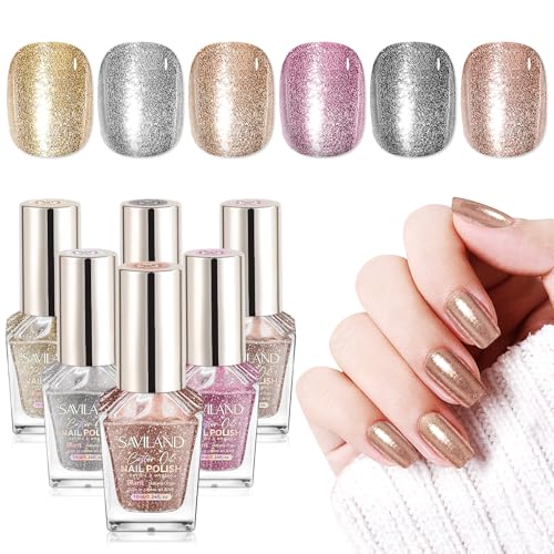 Image of SAVILAND Color Artistry Glitter Nail Polish Set: 6pcs Holographic Diamond Sparkle Shades Fingernail Polish Non-Gel, Quick-Dry & 7 Days Nail Lacquer Kit for Women Manicures Toe Nail Art DIY Salon Home