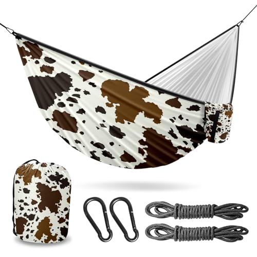 Outdoor Hammock for Camping Western Brown Cow Print Double Single Hammocks with 2 Tree Straps, Lightweight Portable Heavy Duty Nylon Hammocks for Backpacking Travel Beach Backyard Patio Hiking