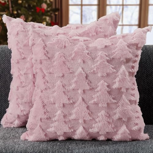 DFXSZ Christmas Pillow Covers 18x18 inch Set of 2 Pink Christmas Tree Decoration Soft Plush Faux Fur Jacquard Throw Pillows for Bedroom Sofa Holiday Festivals Winter Home Decor PTK070D18