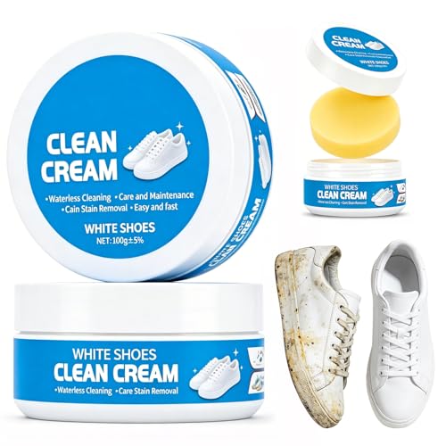 White Shoe Cleaner Cream 2PCS Multi-Functional No Wash Waterless Cleaning Paste with Built-in Sponge Multipurpose Stain Remover for Leather Sneakers Canvas Shoes Suede Car Interiors Cream