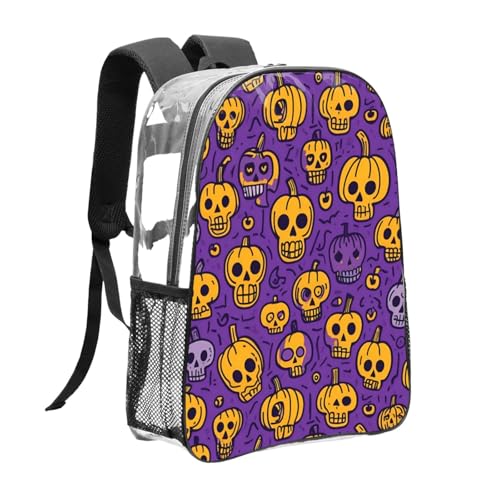 pumpkin Skeleton Bone Print Work Travel Stadium Events Transparent Backpack PVC Clear Bag Large Side Pockets3
