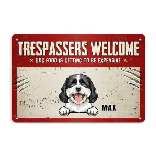 Cartello divertente con scritta "Trespassers" Welcome Dog Food is getting to be costose Cavachon Black White divertente cartello con nome del cane cartello decorazione per la casa 20,3 x 30,5 cm