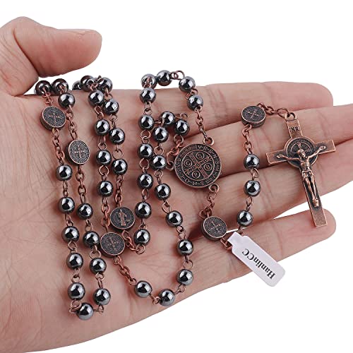 HanlinCC 6mm Hematite Stone Black Beads with Antique Copper Plated St.Benedict Center Piece Medal and Crucifix Cross Catholic Rosary Necklace for Men and Women with Black Velvet Bag3
