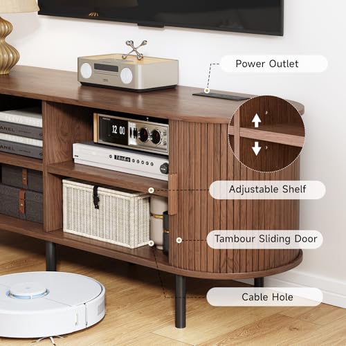 Image of 86.6 inch TV Stand with Power Outlet, Mid-Century Modern Television Stand, Fluted Media Console with Sliding Doors, Entertainment Center for TVs up to 90 Inch, Adjustable Shelves, Walnut