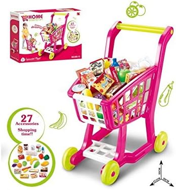NBD Corp Kids Shopping Cart for Toy Groceries, Pink Portable Cart with 27 Pieces of Fruits, Vegetables, Food, Pretend Play Toy Grocery Cart