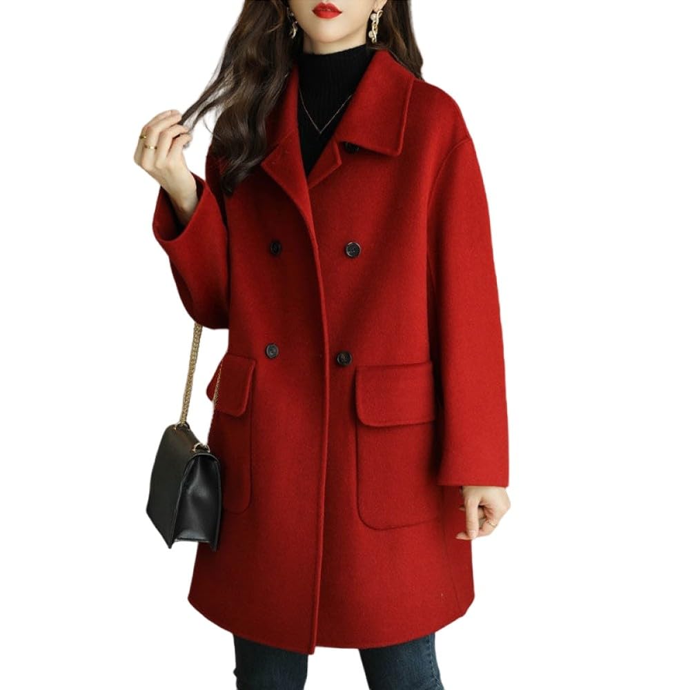 Cappotti di Lana da Donna Giacche Trench Midi,Maniche Lunghe Rosse Tinta Unita Colletto Rovesciato Bottoni Doppiopetto Capispalla Autunno Inverno Capispalla Casual di Transizione con Tasca
