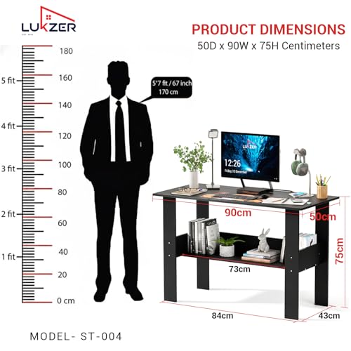 Image of Lukzer Engineered Wood Computer Desk with One Tier Shelves Laptop Study Table for Office Home Workstation Writing Modern Desk (ST-004 / Black / 90 x 50 x 75 cm)