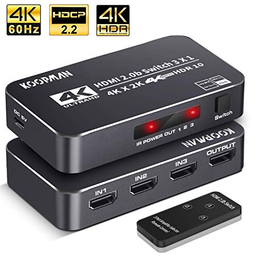 4K HDR HDMI Switch, Koopman 3 Ports 4K 60Hz HDMI 2.0 Switcher Selector